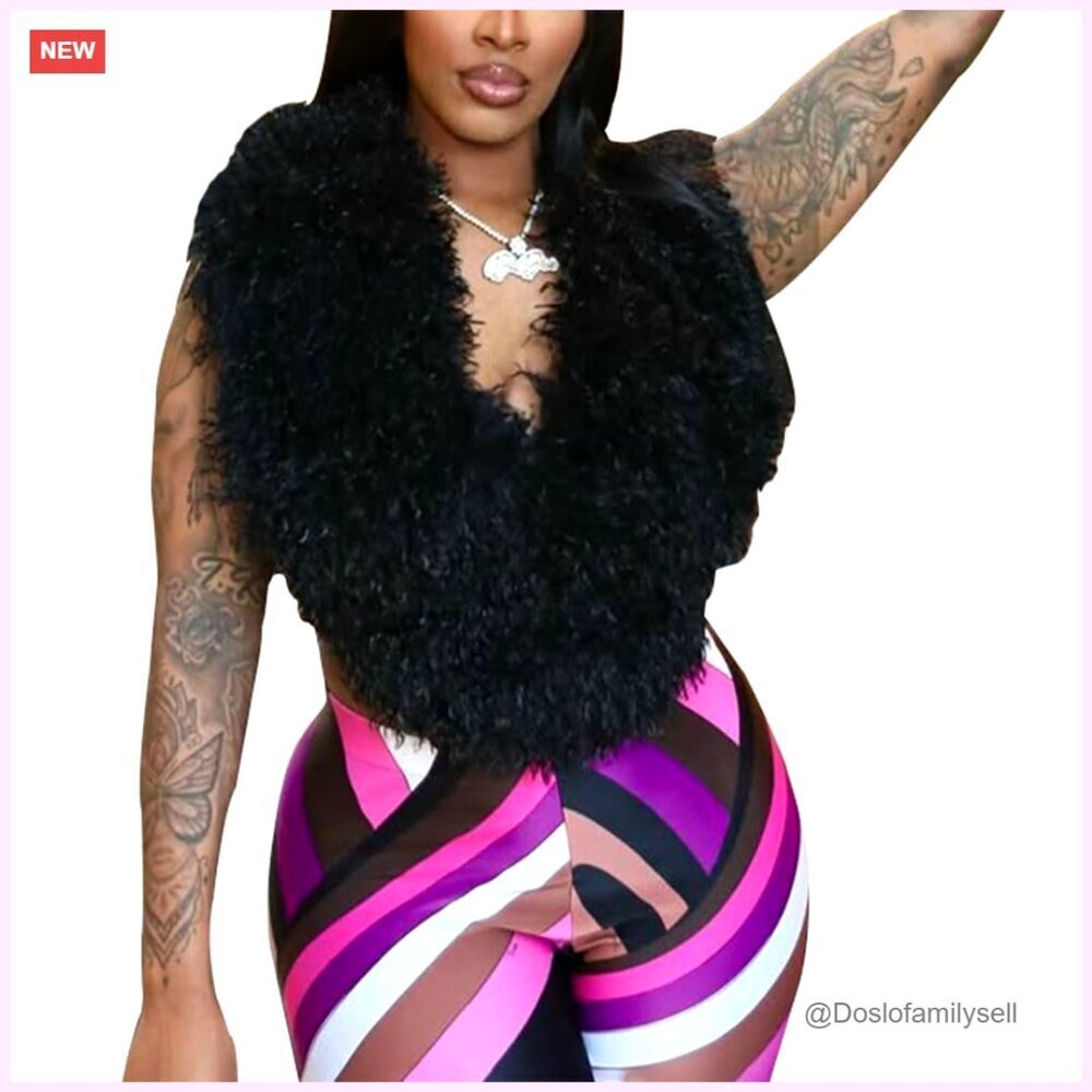 Faux Fur Halter Tank Top Backless Tie Lace Up Crop Top Sleeveless Vest